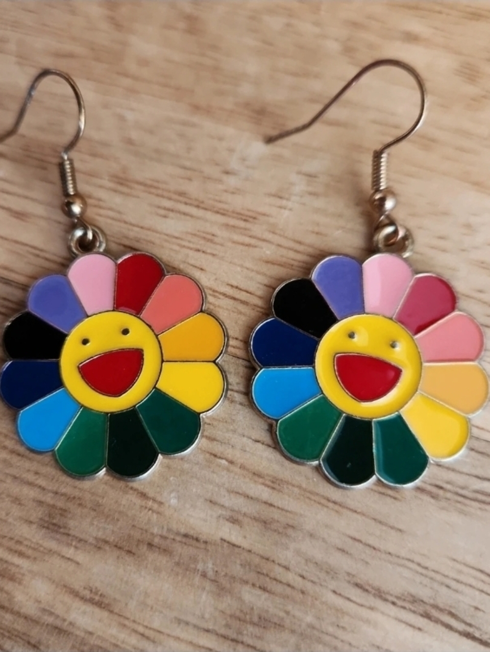 Rainbow Flower Smiley Face Enamel Dangle Earrings Gold Tone Pop Art Jewelry